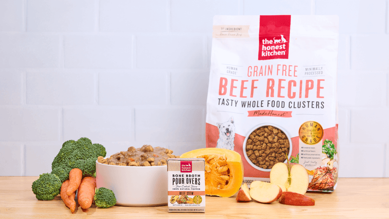 Two bags of The Honest Kitchen Whole Grain Chicken dog food are displayed with a bowl, red cloth, and a supplement box. Shop dog best sellers from The Honest Kitchen.