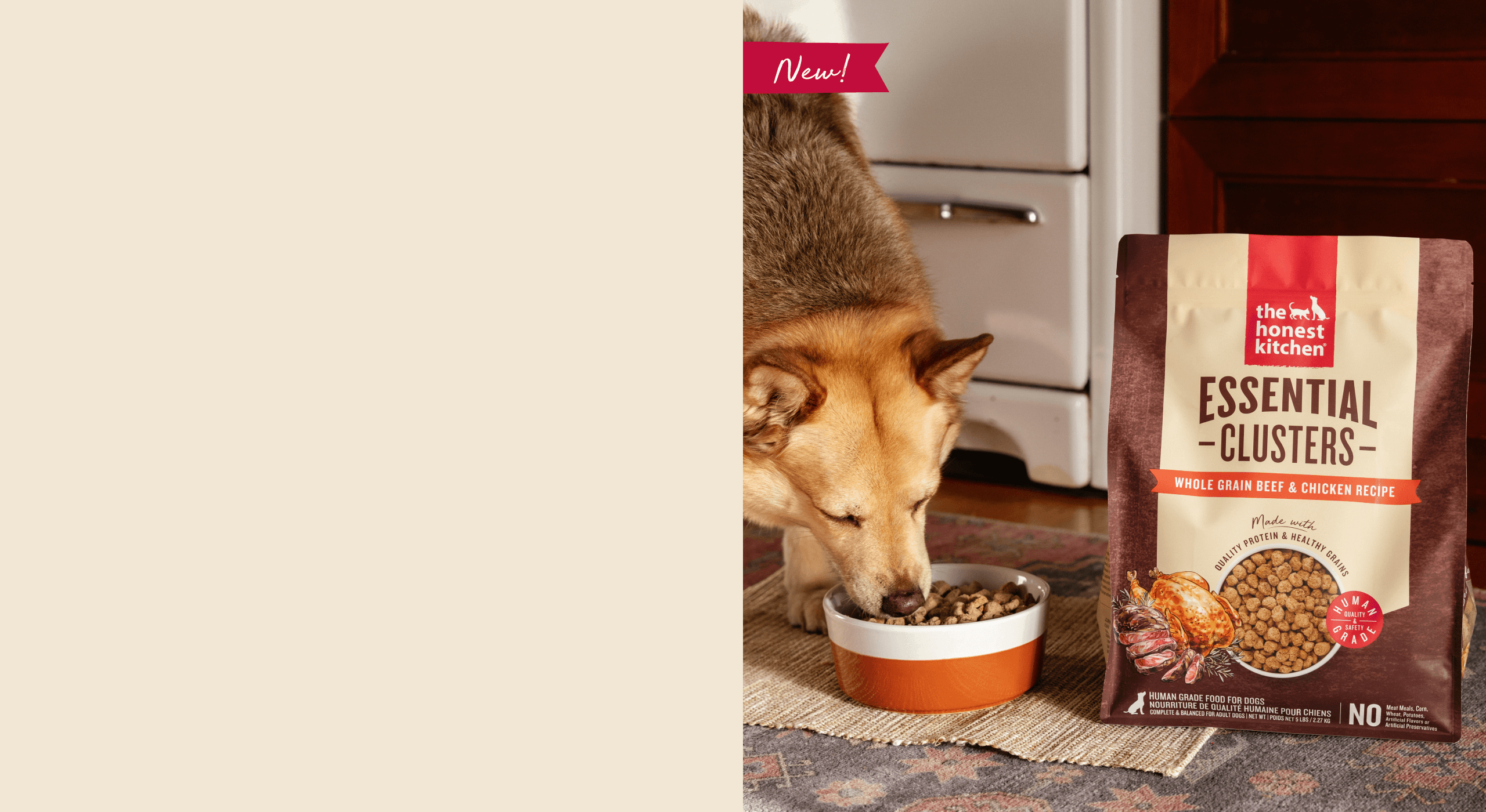 Dog eating from a bowl with a bag of 'Essential Clusters' pet food in the background. Healthy, high quality, human grade food for dogs and cats from The Honest Kitchen.