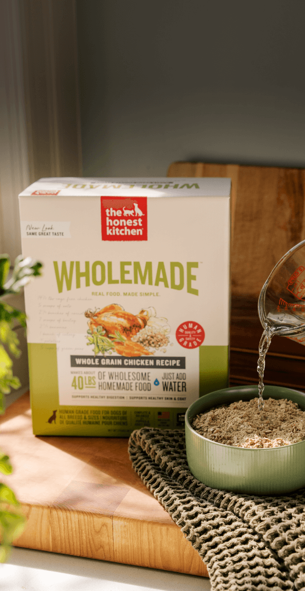 The Honest Kitchen Wholemade Whole Grain Chicken recipe box on a wooden surface with a bowl of food. Healthy, high quality, human grade Wholemade dehydrated dog food from The Honest Kitchen.