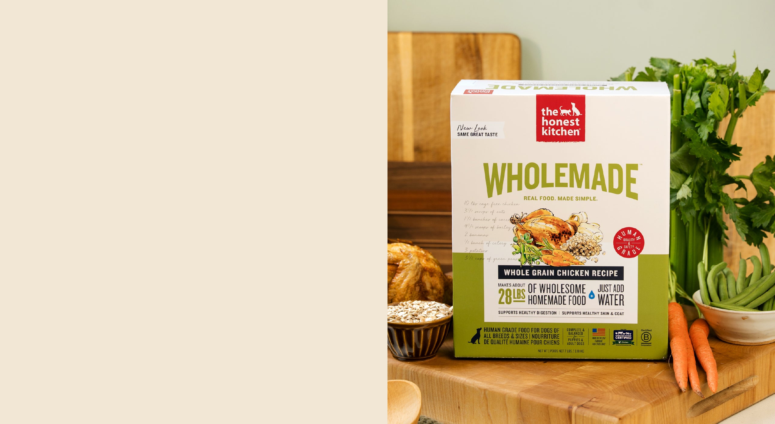 The Honest Kitchen Wholemade dog food package on a wooden surface with fresh vegetables. Healthy High Quality Human Grade Food for Dogs and Cats from The Honest Kitchen