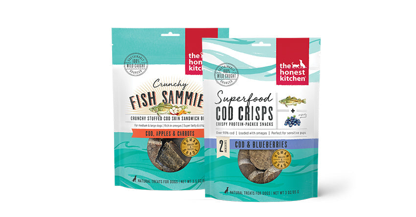 The Honest Kitchen's Fish Sammies and Superfood Cod Crisps on a white background.