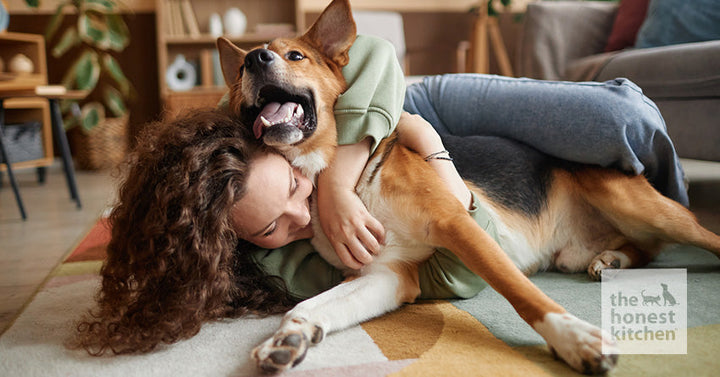 A woman laying on the ground and hugging her happy dog