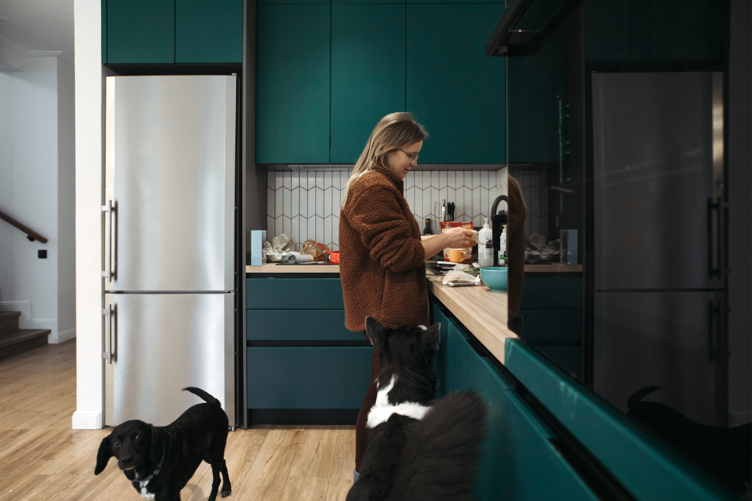 Woman feeding her two dogs in a green kitchen