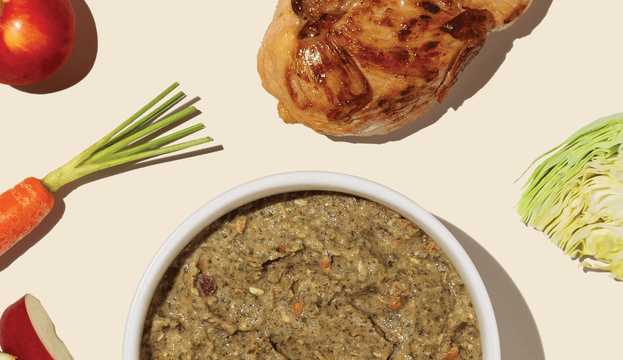 Overhead shot of a dog food bowl with a chunky mix, accompanied by a piece of chicken, apple slices, carrots, and cabbage. Shop grain free dehydrated dog food from The Honest Kitchen.