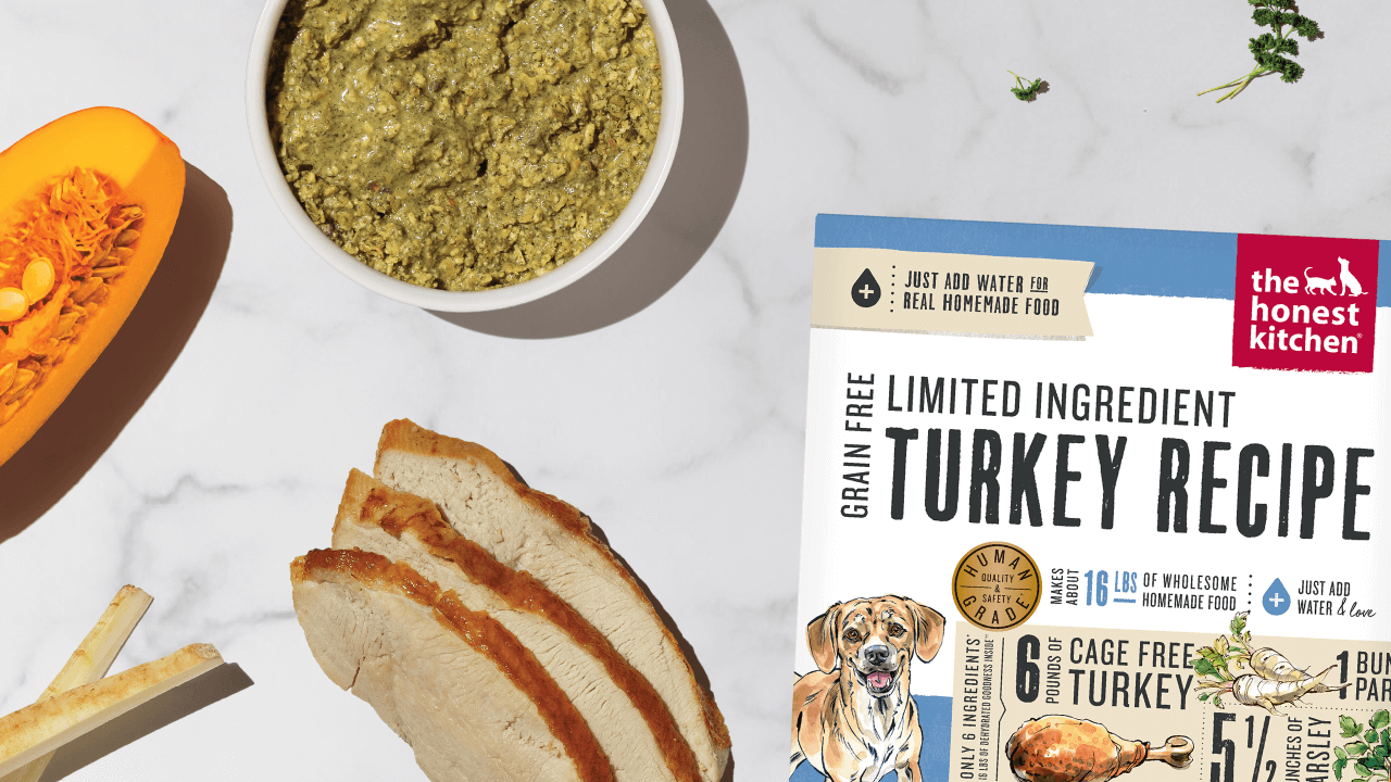The Honest Kitchen Limited Ingredient Turkey Recipe dog food is displayed with cooked turkey slices and pumpkin.  Shop low-carb dog food, treats, and toppers from The Honest Kitchen.