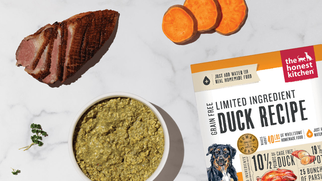 A top-down shot of The Honest Kitchen Limited Ingredient Duck Recipe dog food, featuring a bowl of the prepared food, sliced duck breast, sweet potato slices, and fresh herbs.