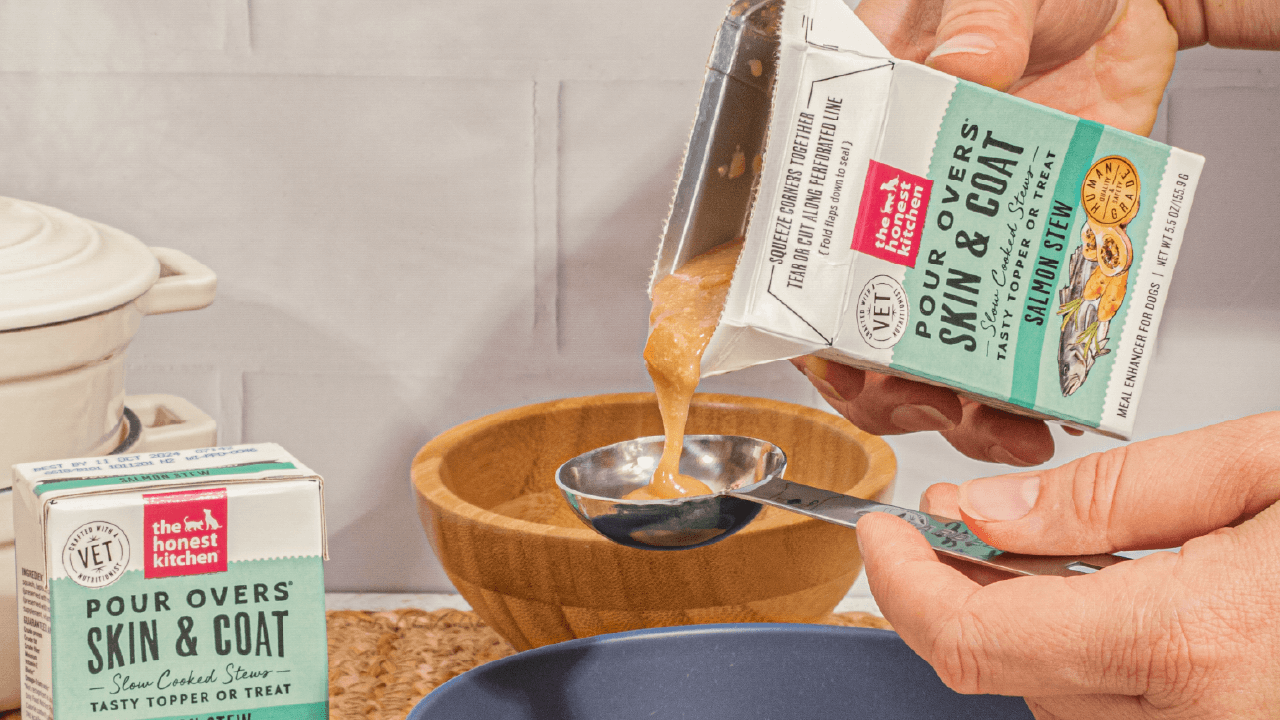 A close-up shot of The Honest Kitchen's Pour Overs Skin & Coat Salmon Stew being poured into a dog bowl, highlighting a healthy and tasty meal enhancer for pets. Shop dog food, treats, and toppers for skin and coat from The Honest Kitchen.