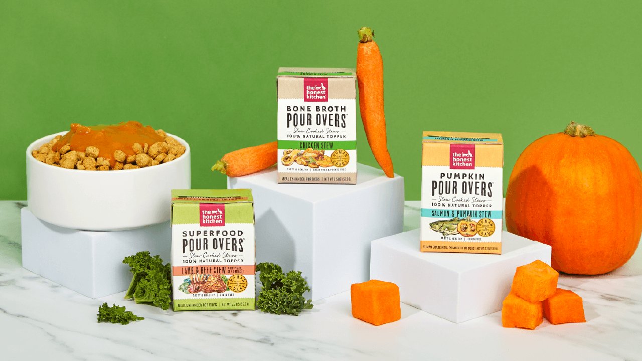 The Honest Kitchen Pour Overs dog food toppers are showcased with fresh ingredients. Shop healthy dog food toppers from The Honest Kitchen. 
