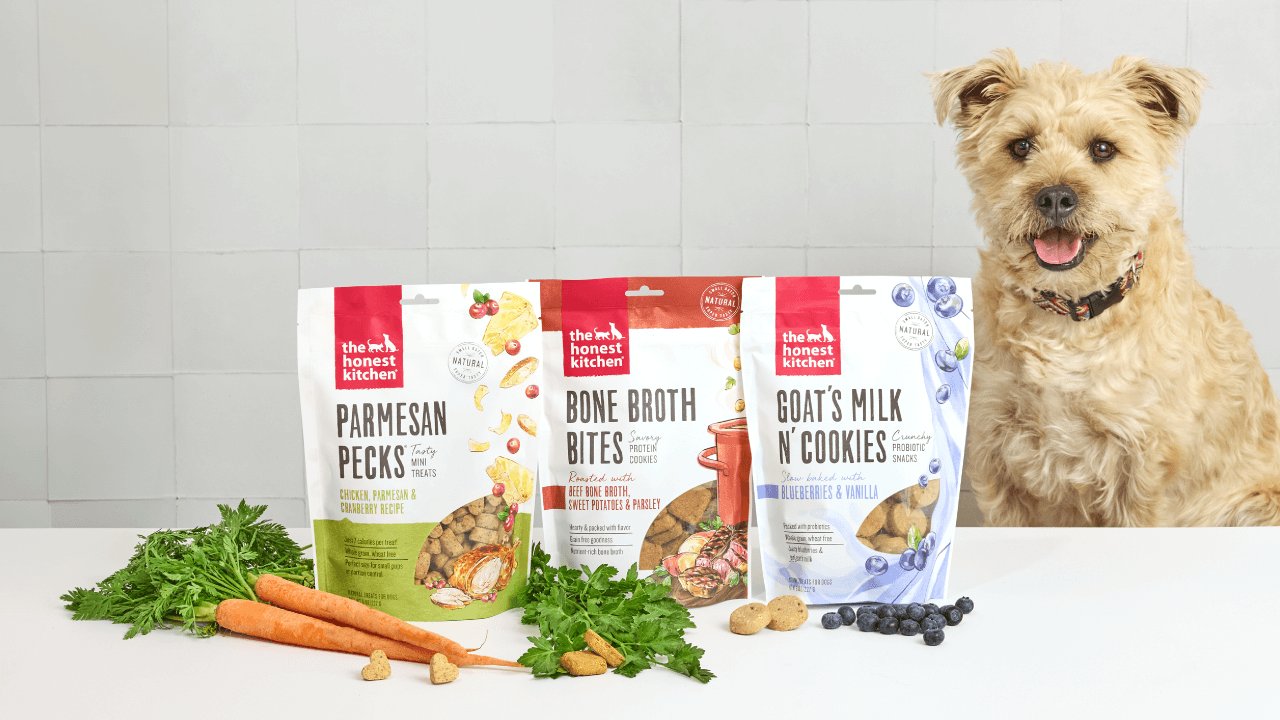 healthy, high quality, human grade dog treats from The Honest Kitchen. Three treats in front of a counter with a white dog happily smiling behind them.