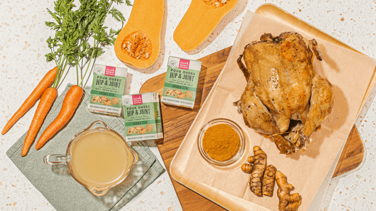 Hands pour The Honest Kitchen's Skin & Coat Salmon Stew Pour Overs dog food topper from a carton into a measuring spoon and bowl. Shop healthy, functional Pour Overs dog food toppers from The Honest Kitchen.