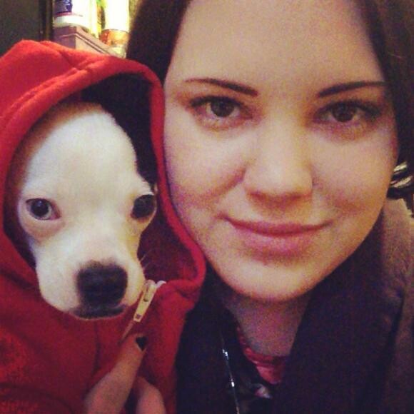 Brewski in his red hoodie with mom!
