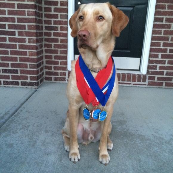Showing off his medals from The Bootlegger Splash in Ashland, Kentucky