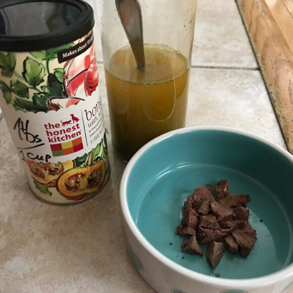 Beef hearts Bambina never tried before are ready to be sprinkled with her BELOVED BROTH!