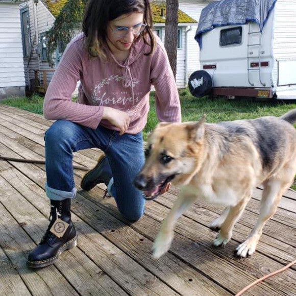 Kona goofing with mom with her new (vegan) boots!