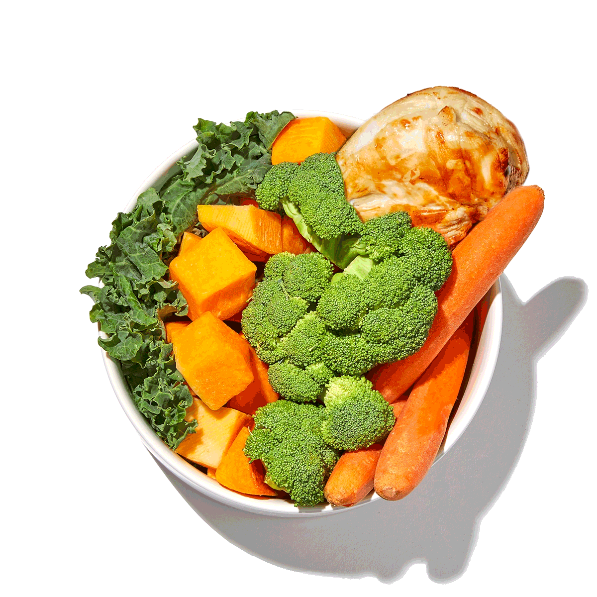 A bowl of real food ingredients -- broccoli, chicken, pumpkin, carrots and kale, being transformed into The Honest Kitchen's Whole Food Clusters to highlight the ingredient quality. Healthy, high quality, human grade dry dog food clusters from The Honest Kitchen.