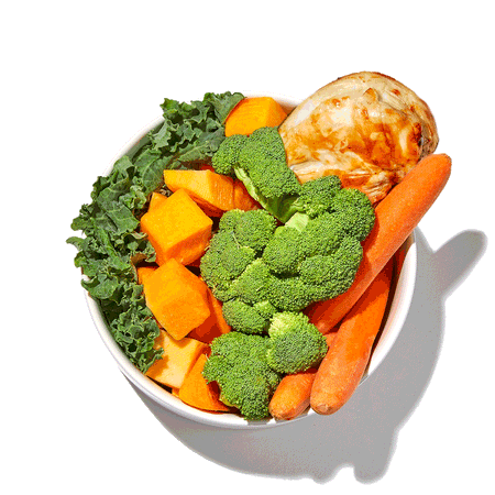 A bowl of real food ingredients -- broccoli, chicken, pumpkin, carrots and kale, being transformed into The Honest Kitchen's Whole Food Clusters to highlight the ingredient quality. Healthy, high quality, human grade dry dog food clusters from The Honest Kitchen.