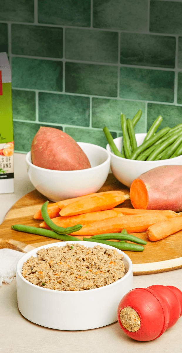 Bowl of dehydrated food on a counter with ingredients. A kong stuffed with dehydrated food is next to it, illustrating its ability to be served as an enrichment treat. Shop human grade dehydrated dog food from The Honest Kitchen.