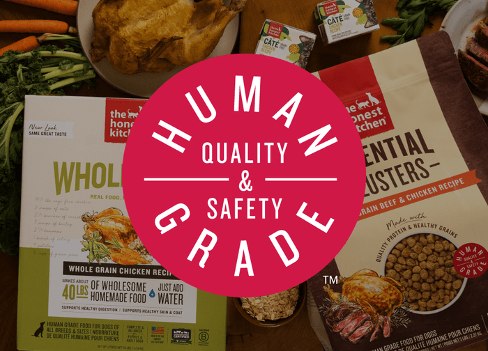 Dog food packages with a 'Human Quality & Safety Grade' label on a wooden surface. About Us The Honest Kitchen