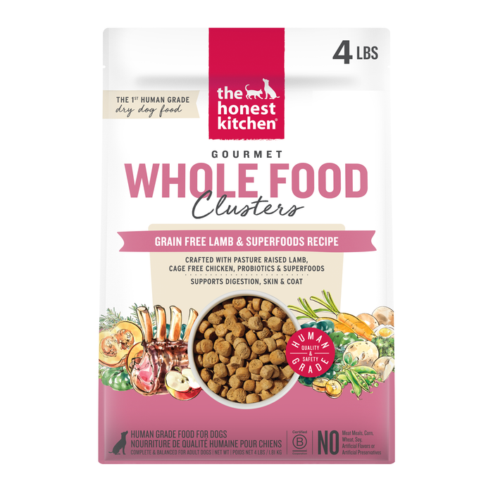 Package of 'The Honest Kitchen' Gourmet Whole Food Clusters dog food on a white background 