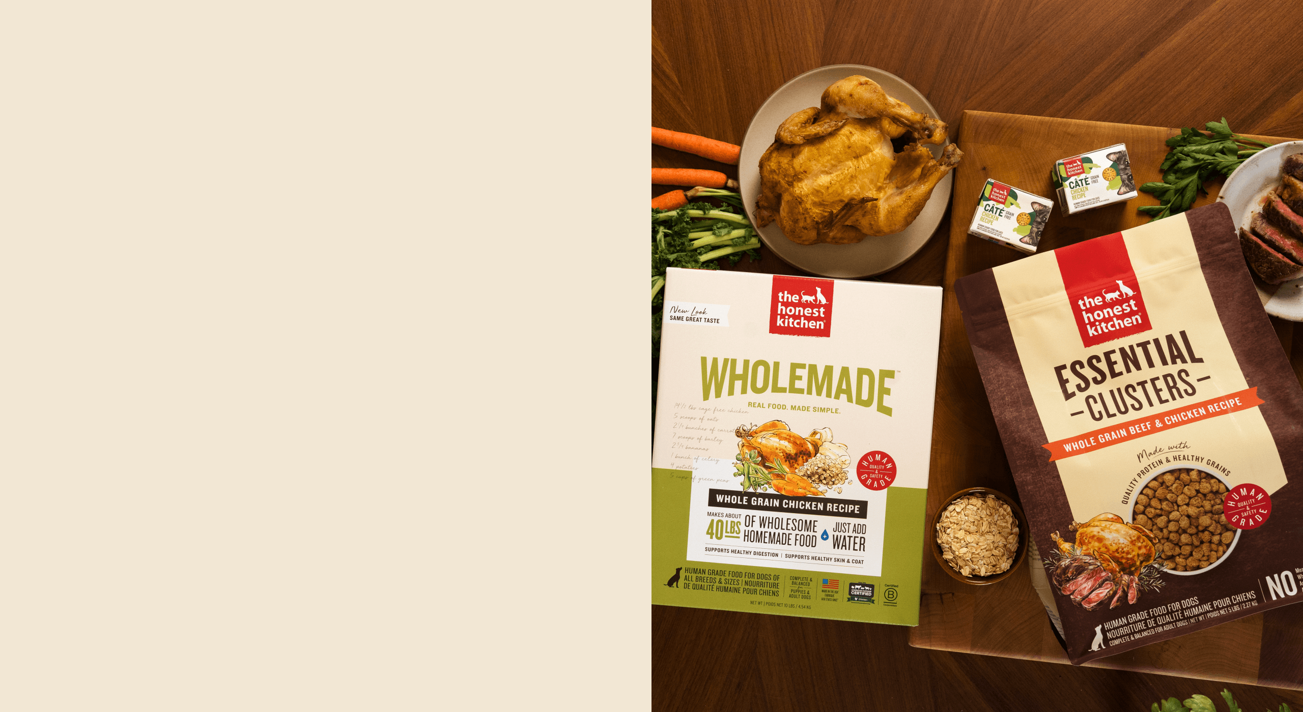A table with chicken, carrots, greens, Wholemade dehydrated food, Essential Clusters and Cate.  Healthy, High Quality, Human Grade food for cats and dogs from The Honest Kitchen.