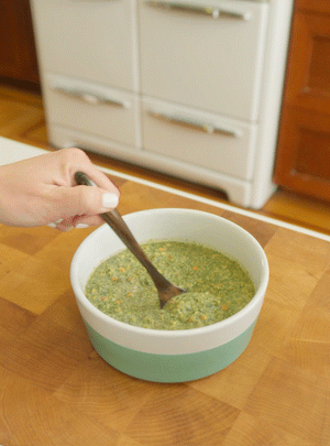 Person stirring a bowl of Wholemade dehydrated dog food from The Honest Kitchen
