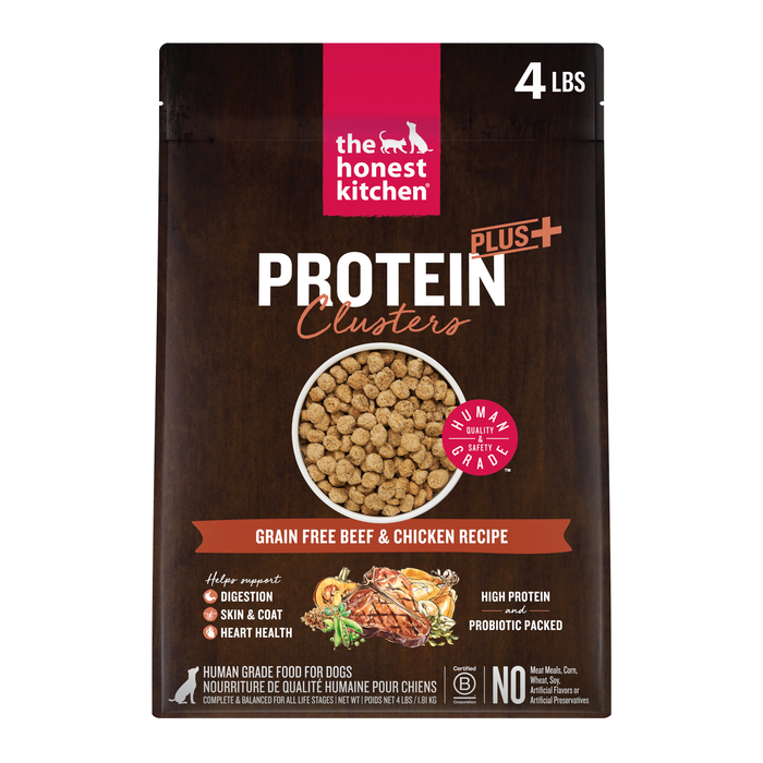 Package of 'The Honest Kitchen' Protein Clusters dog food on a white background  