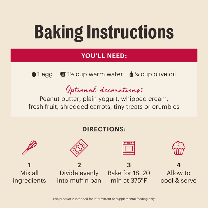 Baking Instructions: You'll need 1 egg, 1 and 1/2 cup of warm water, 1/4 cup olive oil. Mix all ingredients and pour into a muffin pan. Bake 18-20 min at 375 degrees Fahrenheit. Allow to cool before serving. | Human grade baking mixes for dogs from The Honest Kitchen.