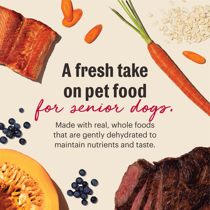 A fresh take on pet food for senior dogs. Image highlights real, whole food ingredients in the recipe. Whole Grain Beef Dehydrated Senior Dog Food from The Honest Kitchen