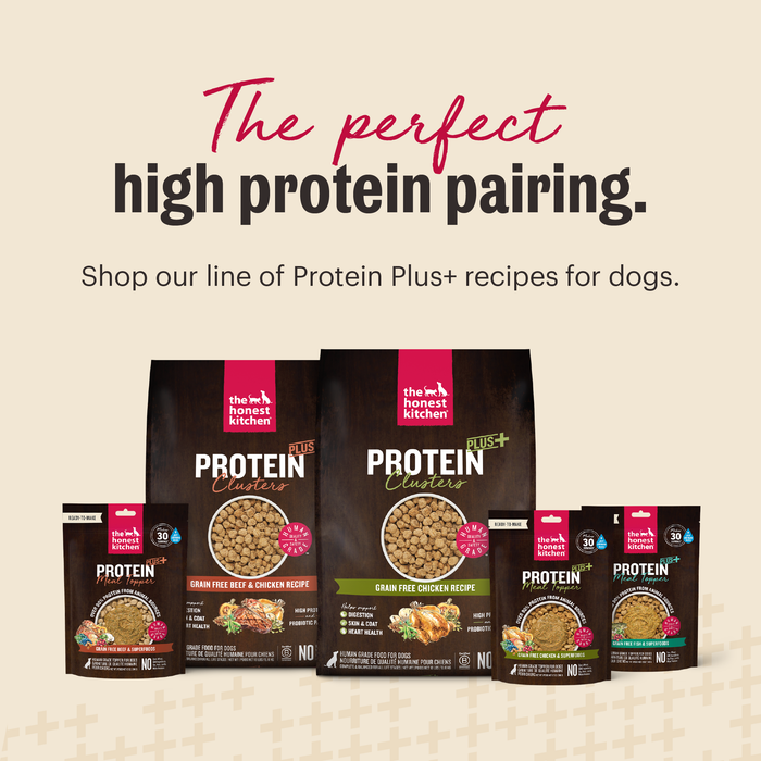 The Honest Kitchen Protein Plus Dry Dog Food and Toppers | The Perfect High Protein Pairing. Shop our line of Protein Plus+ recipes for dogs.