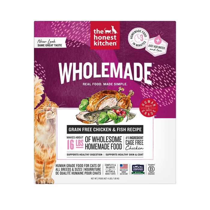 Package of 'The Honest Kitchen' Wholemade cat food with a purple and white design.  