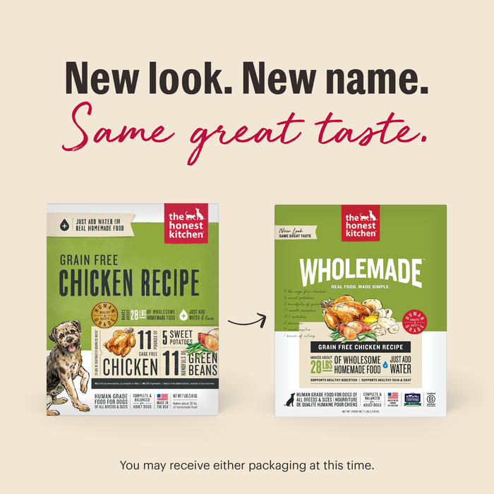 New Look. New Same. Same Great Taste. As we switch our packaging, you may receive either option at this time. | Wholemade Grain Free Chicken Dehydrated Dog Food from The Honest Kitchen