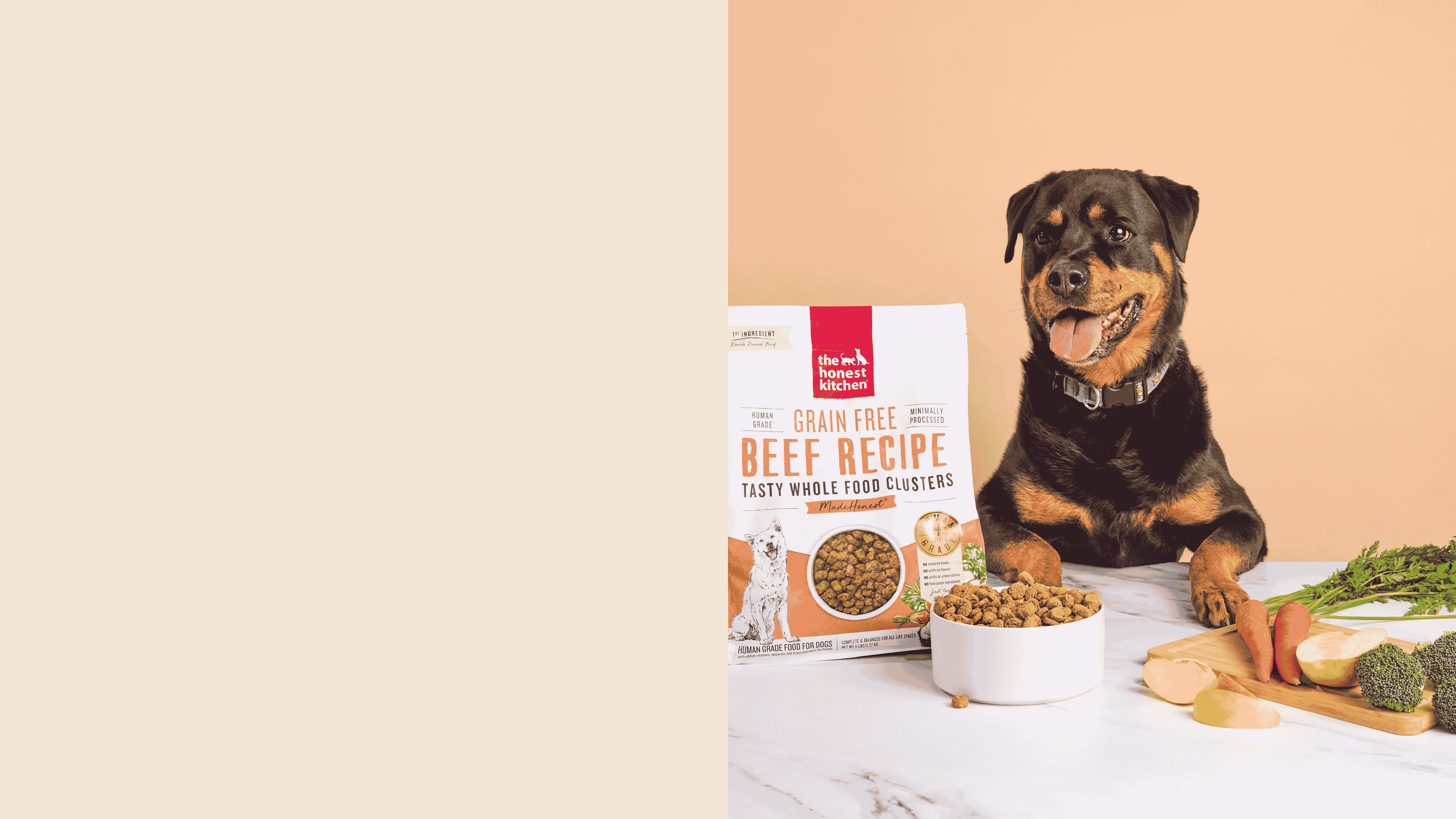 A black and brown dog posed with The Honest Kitchen's whole food clusters, a bowl of dry dog food and ingredients. Healthy, high quality, human grade dog and cat food.