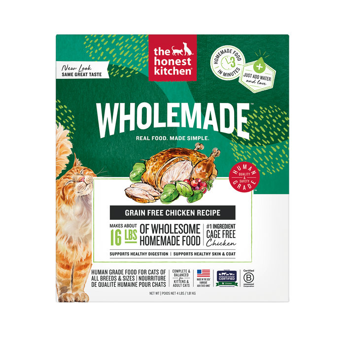 The honest kitchen Wholemade cat food package with a green background and cat illustration  