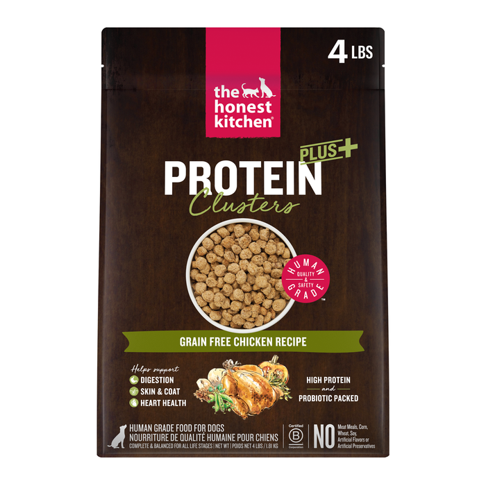 Package of 'The Honest Kitchen' Protein Clusters for dogs on a white background  