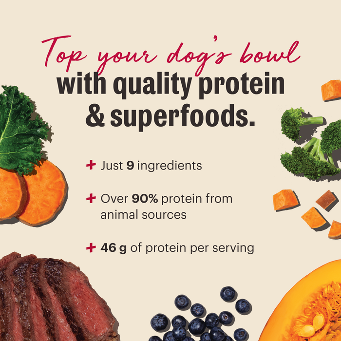 The Honest Kitchen Protein Plus Dry Dog Food and Toppers | Top your dog's bowl with quality protein and superfoods. Just 9 ingredients, over 90% animal from protein sources, 46g of protein per serving