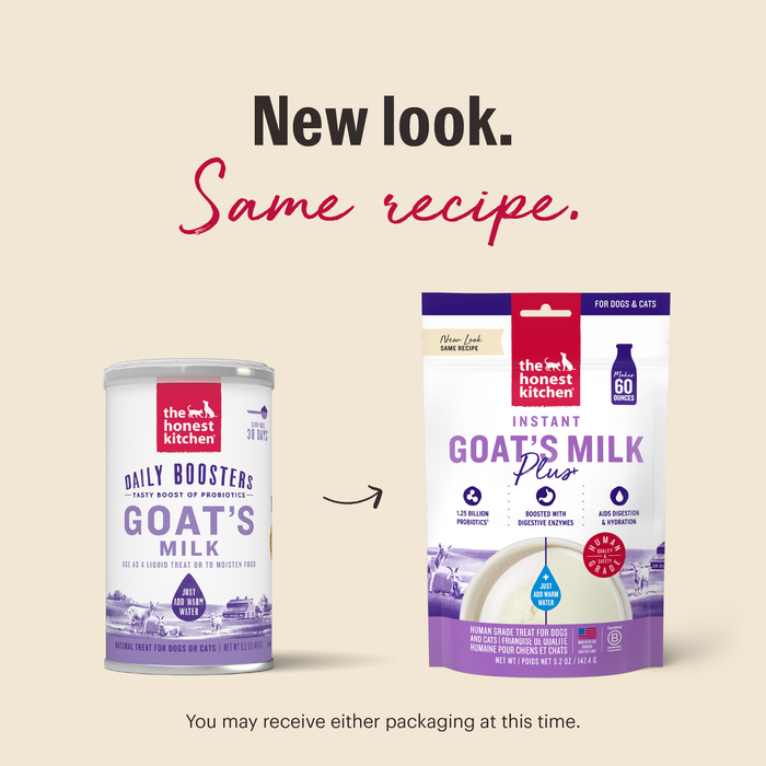 New Look. Same Recipe. As we switch our packaging, you may receive either option at this time. | Instant Goat's Milk Plus from The Honest Kitchen
