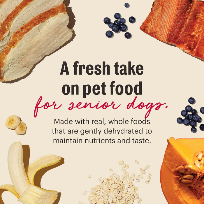 A fresh take on pet food for senior dogs. Image highlights real, whole food ingredients in the recipe.&nbsp;Whole Grain Chicken Dehydrated Senior Dog Food from The Honest Kitchen