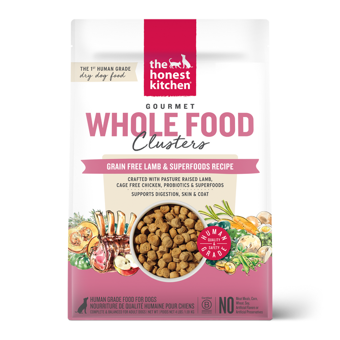 Package of 'The Honest Kitchen' gourmet whole food clusters for dogs on a white background  