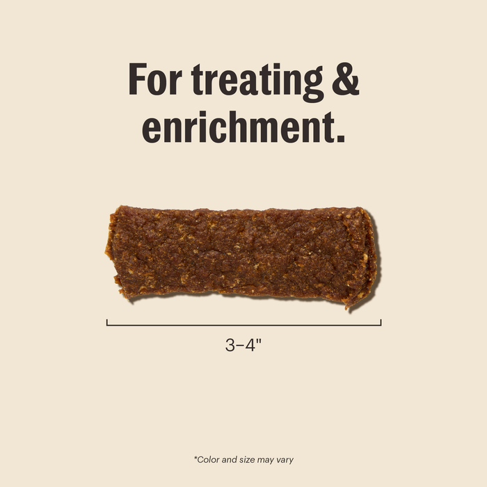 A jerky treat for treating and enrichment. Image highlights that the treat is about 3 to 4 inches in length.