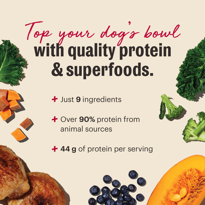 The Honest Kitchen Protein Plus Dry Dog Food and Toppers | Top your dog's bowl with quality protein and superfoods. Just 9 ingredients, over 90% animal from protein sources, 44g of protein per serving