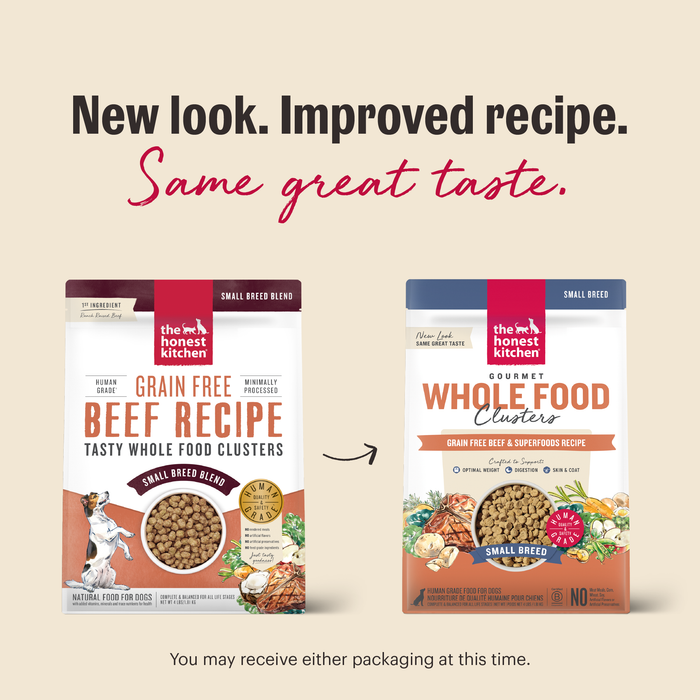 Two packages of 'The Honest Kitchen' dog food with text about a new look and improved recipe.