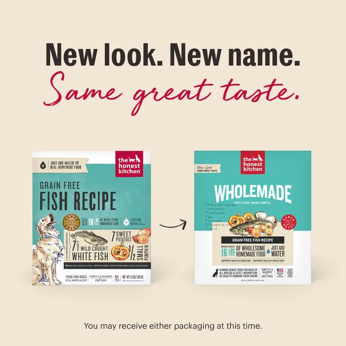 New Look. New Same. Same Great Taste. As we switch our packaging, you may receive either option at this time. | Wholemade Grain Free Fish Dehydrated Dog Food from The Honest Kitchen
