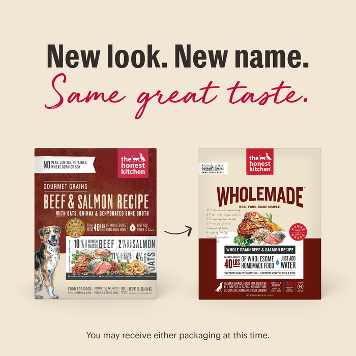 New Look. New Same. Same Great Taste. As we switch our packaging, you may receive either option at this time. | Wholemade Whole Grain Beef &amp; Salmon Dehydrated Dog Food from The Honest Kitchen