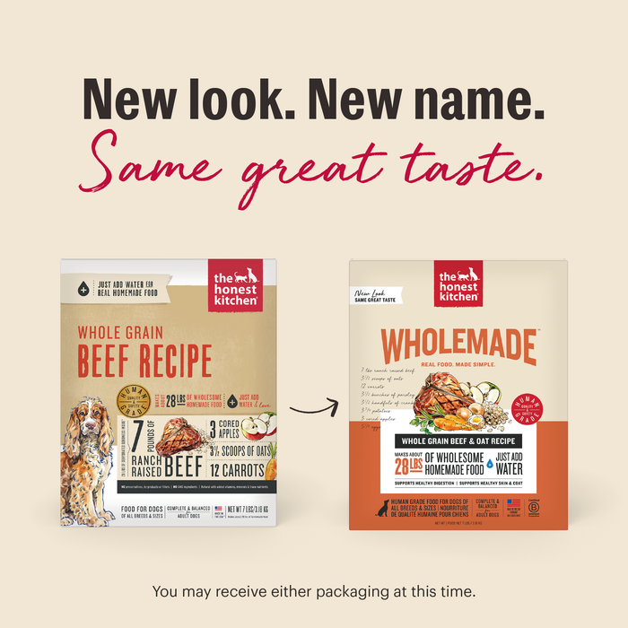New Look. New Same. Same Great Taste. As we switch our packaging, you may receive either option at this time. | Wholemade Whole Grain Beef &amp; Oat Dehydrated Dog Food from The Honest Kitchen