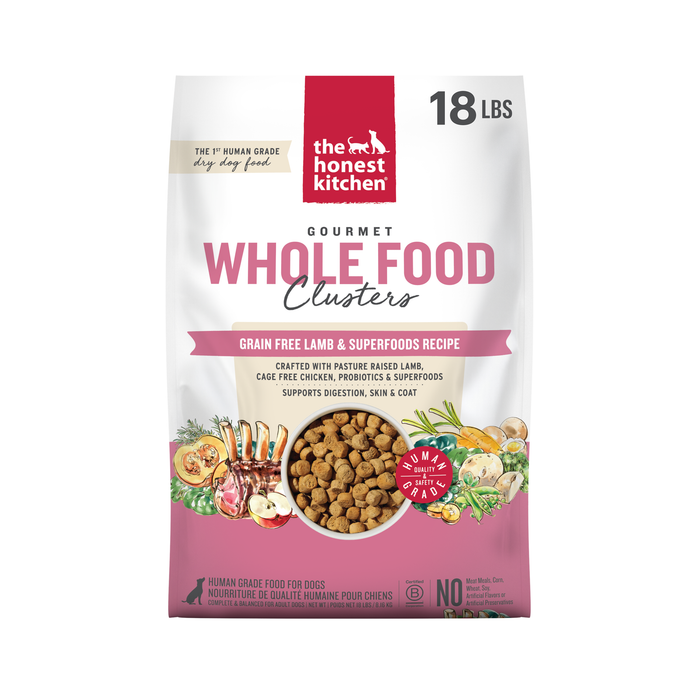 Package of 'The Honest Kitchen' Gourmet Whole Food Clusters dog food on a white background 
