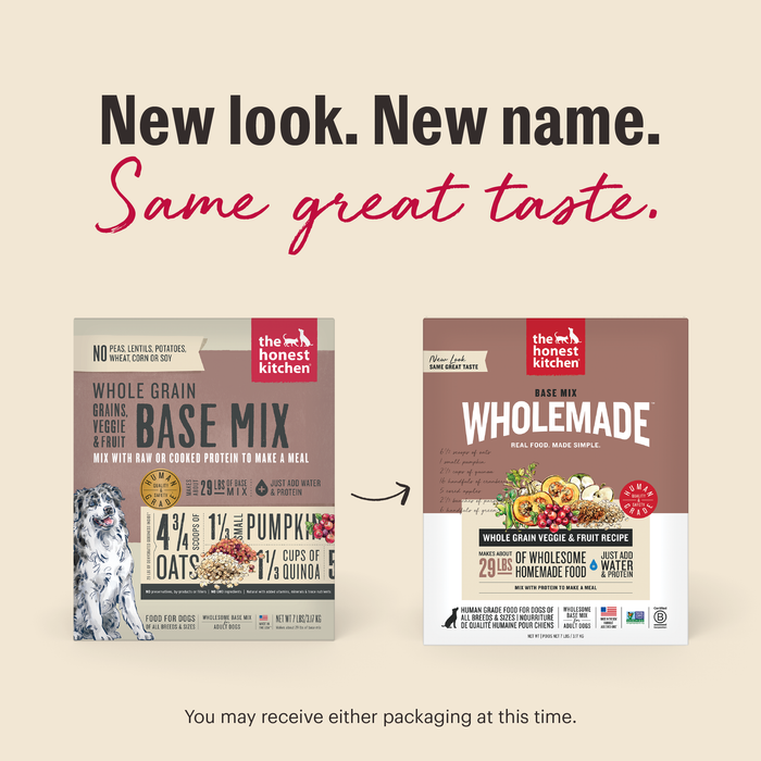 New Look. New Same. Same Great Taste. As we switch our packaging, you may receive either option at this time. | Wholemade Base Mix Whole Grain Veggie &amp; Fruit Dehydrated Dog Food from The Honest Kitchen