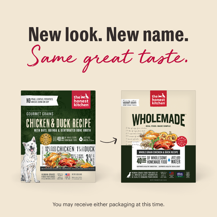 New Look. New Same. Same Great Taste. As we switch our packaging, you may receive either option at this time. | Wholemade Whole Grain Chicken &amp; Duck Dehydrated Dog Food from The Honest Kitchen