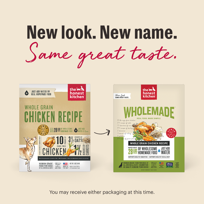 New Look. New Same. Same Great Taste. As we switch our packaging, you may receive either option at this time. | Wholemade Whole Grain Chicken Dehydrated Dog Food from The Honest Kitchen
