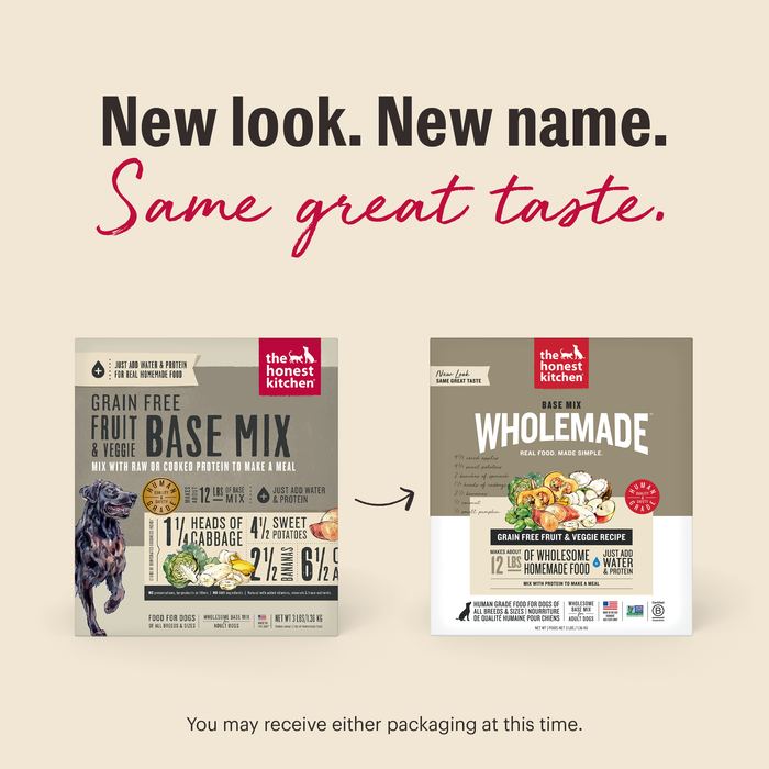 New Look. New Same. Same Great Taste. As we switch our packaging, you may receive either option at this time. | Wholemade Whole Grain Free Fruit &amp; Veggie Dehydrated Dog Food from The Honest Kitchen