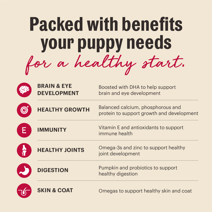 Packed with benefits your puppy needs for a healthy start -- including Brain &amp; Eye Development, Healthy Growth, Immunity, Healthy Joints, Digestion and Skin &amp; Coat. Dehydrated Puppy Dog Food from The Honest Kitchen